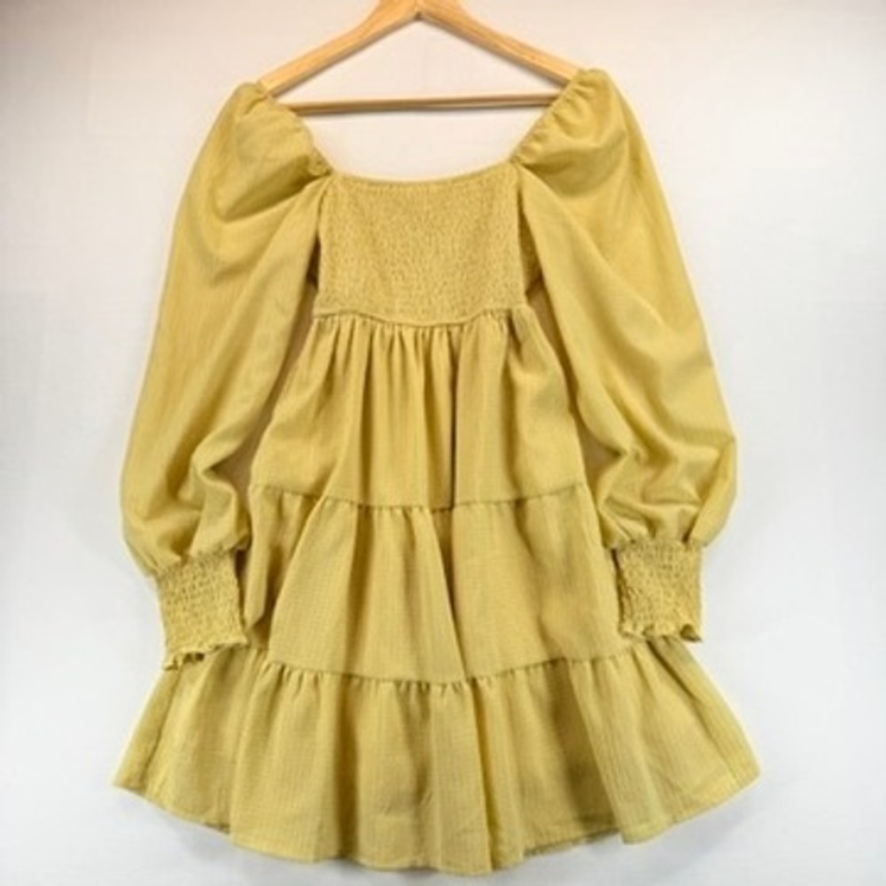 Blu Pepper Butter Yellow Smocked Tiered Babydoll Puff Sleeve Mini Dress S